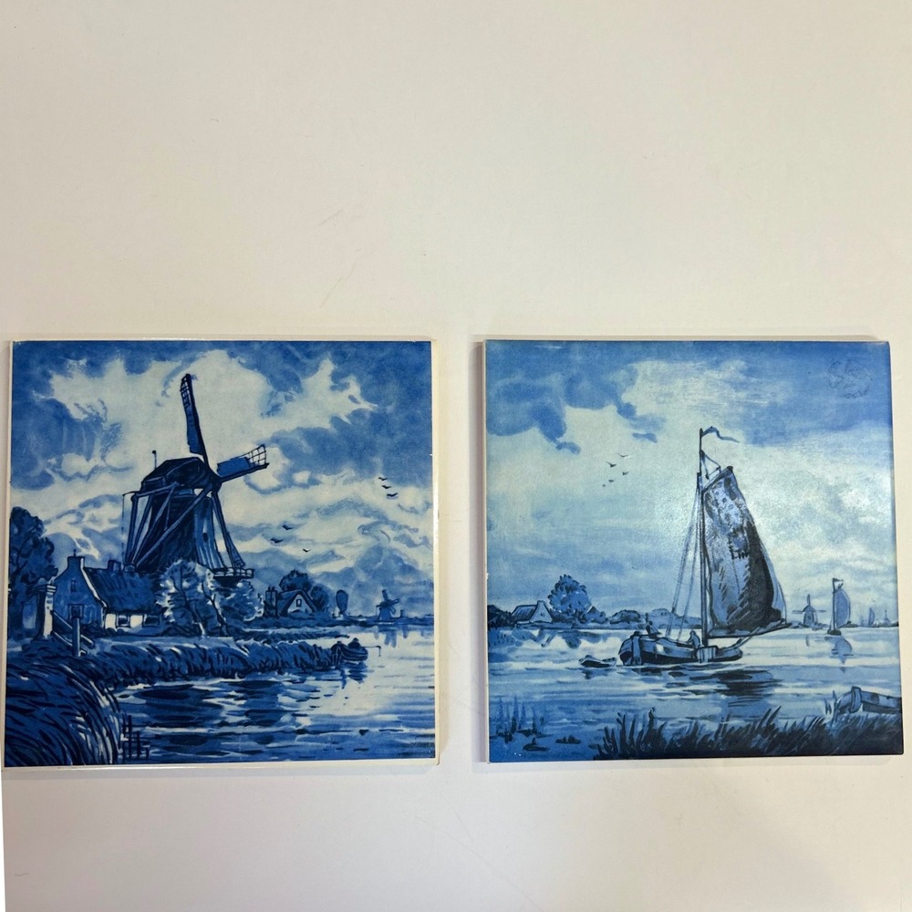 Vintage Pilkington England Blue White Ceramic Tiles Windmill Sailboat Set of 2
